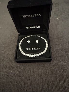 Silver-Tone Cubic Zirconia Bracelet & Stud Earrings Set - White